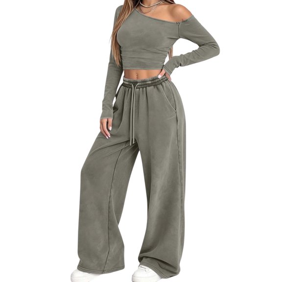 Wenini Women's Cotton Solid off Shoulder Long Sleeve Cropped Top Wide Leg Pants 2 Piece Outfit Set