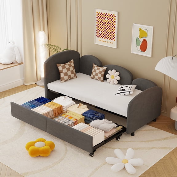 Euroco Upholstered Twin Size Daybed with Trundle Bed, Velvet Sofa Bed, Gray