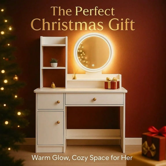 White Dressing Table, Dressing Table with Drawers and LED Mirrors, Teenage Dressing Table, Christmas Gift for Family