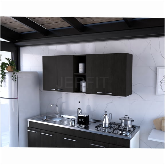 JERFIT Wall Cabinet with Doors 30" Wide, Black Storage Cupboard with Adjustable Shelves, Modern Bathroom & Kitchen Organizer for Dishes, Linens, Pantry