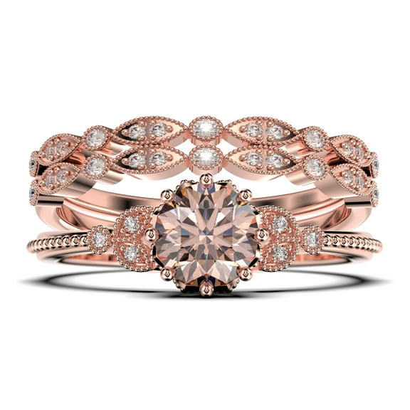 Beautiful 2.25 Carat Round Cut Morganite And Diamond Moissanite Floral Engagement Ring, Antique Wedding Ring, Two Matching Band in 925 Sterling Silver With 18k Rose Gold Plating, Gift For Her