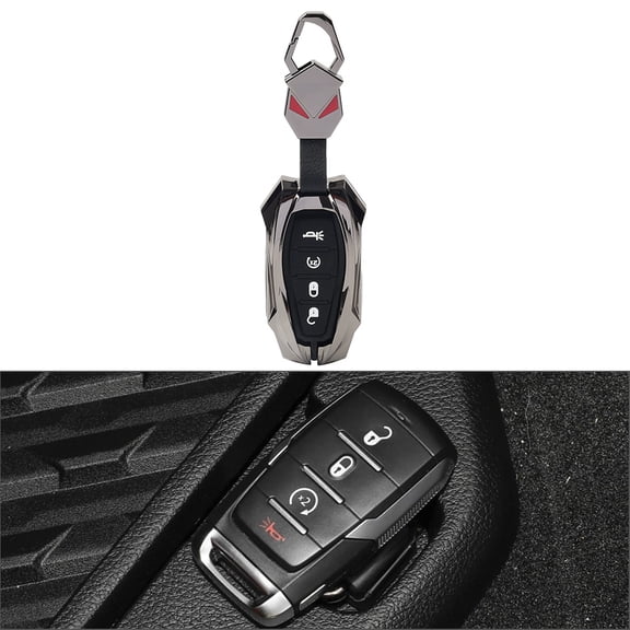 NS 1 Set 4 Buttons Key Fob Cover Key Protector Case Zinc Alloy Silicone Black For Dodge Ram 1500 2019-2024