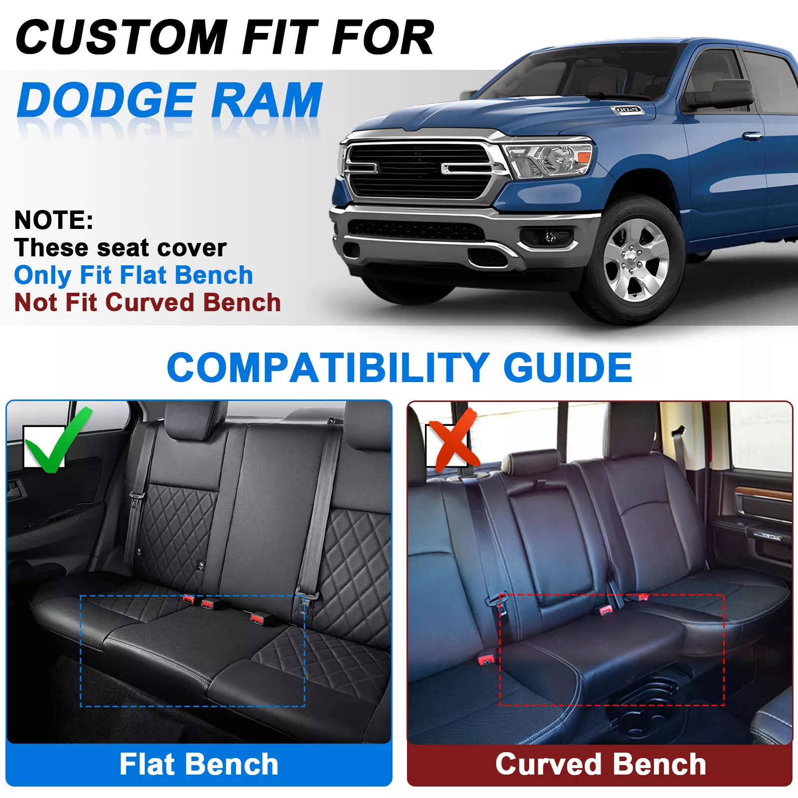 Car Seat Covers Fit for Dodge Ram 1500/2500/3500 2009-2023 Truck PU Leather Front Rear Full Set Black+Red