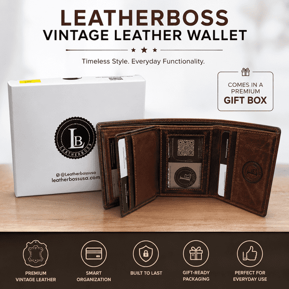 Leatherboss Mens RFID Blocking Hunter Leather Credit Card ID Trifold Wallet