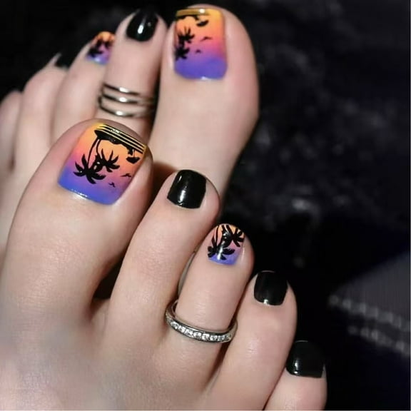 Glossy French Tips Fake Toenails with Designs Square Press on Toenails on Toe Nails Women Full Covers Toenails