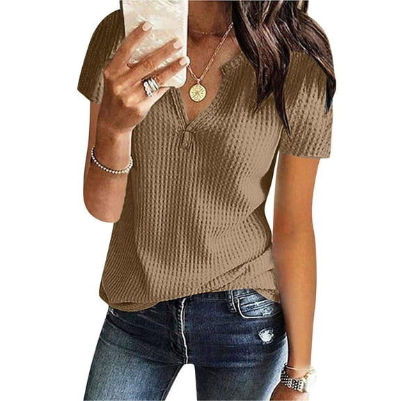 MRULIC shirts for women Women's Summer Fashion Knit Short Sleeve Tunic Top V-neck Loose Shirt Women Shirts Brown   M