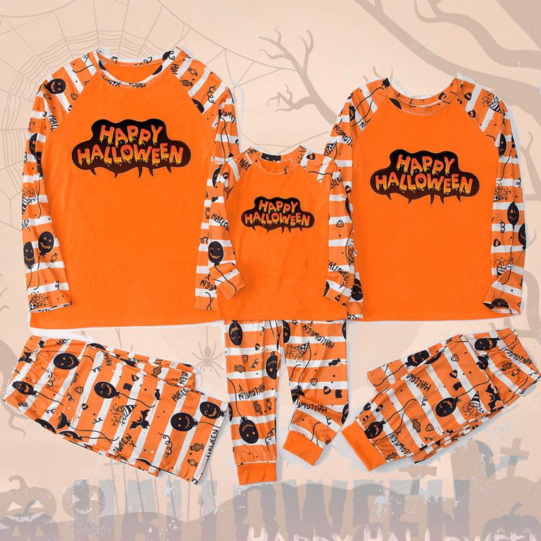 URMAGIC Halloween Themed Family Pajamas Set Monogram Print Long Sleeve  Striped Pants Pajamas Matching Set