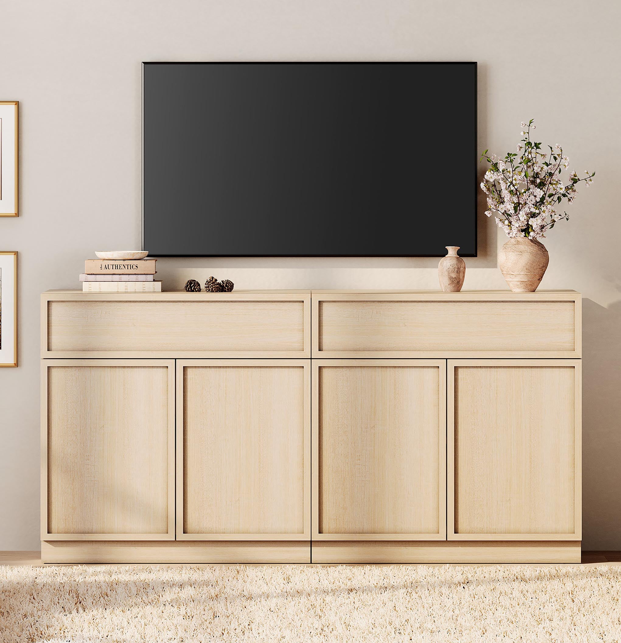 WAMPAT Modern TV Stand for TVs Up to 40", Wooden Entertainment Center TV Console with 4 Doors and Drawers, Media Console Cabinet with Adjustable Shelf for Living Room, Bedroom, Beige