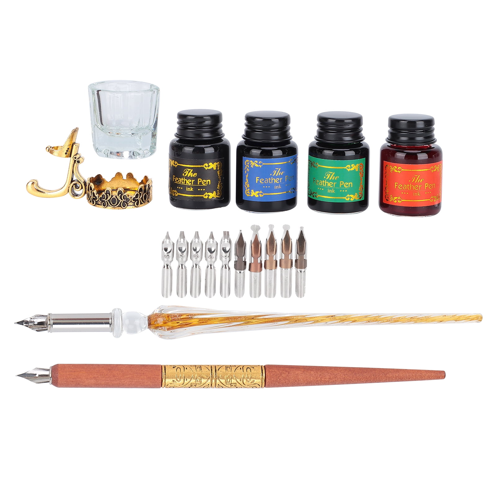 M Buder Dip Pen Kit Flat Round Nibs with Ink Holder for Writing Drawing Calligraphy, SP249045 Fire Color Rod Glass Pen, 9.45 inches / 24 cm length, Vintage English Art Calligraphy Gift Set