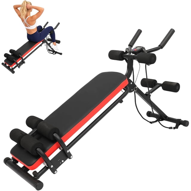 Memoryfield 2-in-1 Adjustable Ab Bench with LCD Display, Foldable Sit Up Workout Machine for Home Gym, Ab Exercise Equipment for Core Training, 330 lbs Capacity, Red