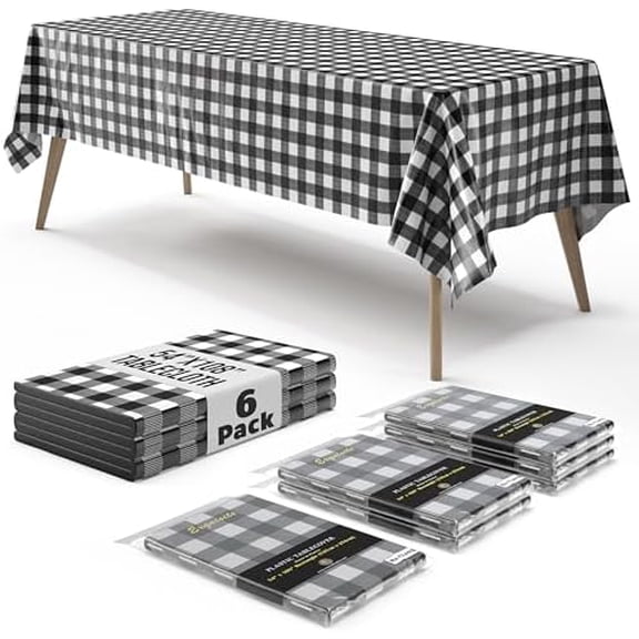 Picnic Table Cover - 6 Pack Premium Rectangle Plastic Tablecloth - Black & White Checkered BBQ Table Cover - Gingham Checkerboard Disposable Plastic Tablecloth 54" x 108" Rectangle