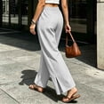 thumbnail image 5 of Gamviast Womens Striped Wide Leg Pants Elastic Waist Drawstring Side Slit Casual Palazzo Trousers with Pockets Lightweight Beach Pants for Vacation Lounge Summer Wear Gray XL, 5 of 7