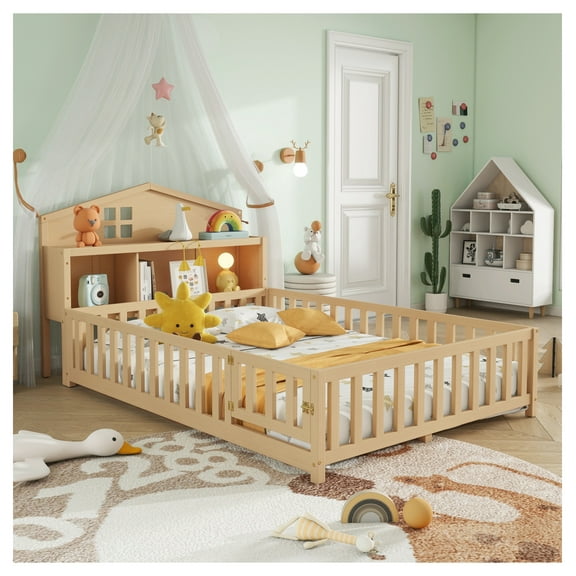 Full-size Montessori Floor Bed with Bookcases and Blackboards, Versatile Platform Beds