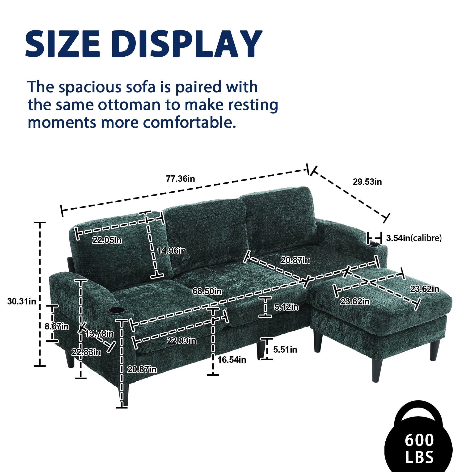 MOONMISS Chenille Upholstered L-Shaped Living Room Sofa with Storage Ottoman-Emerald