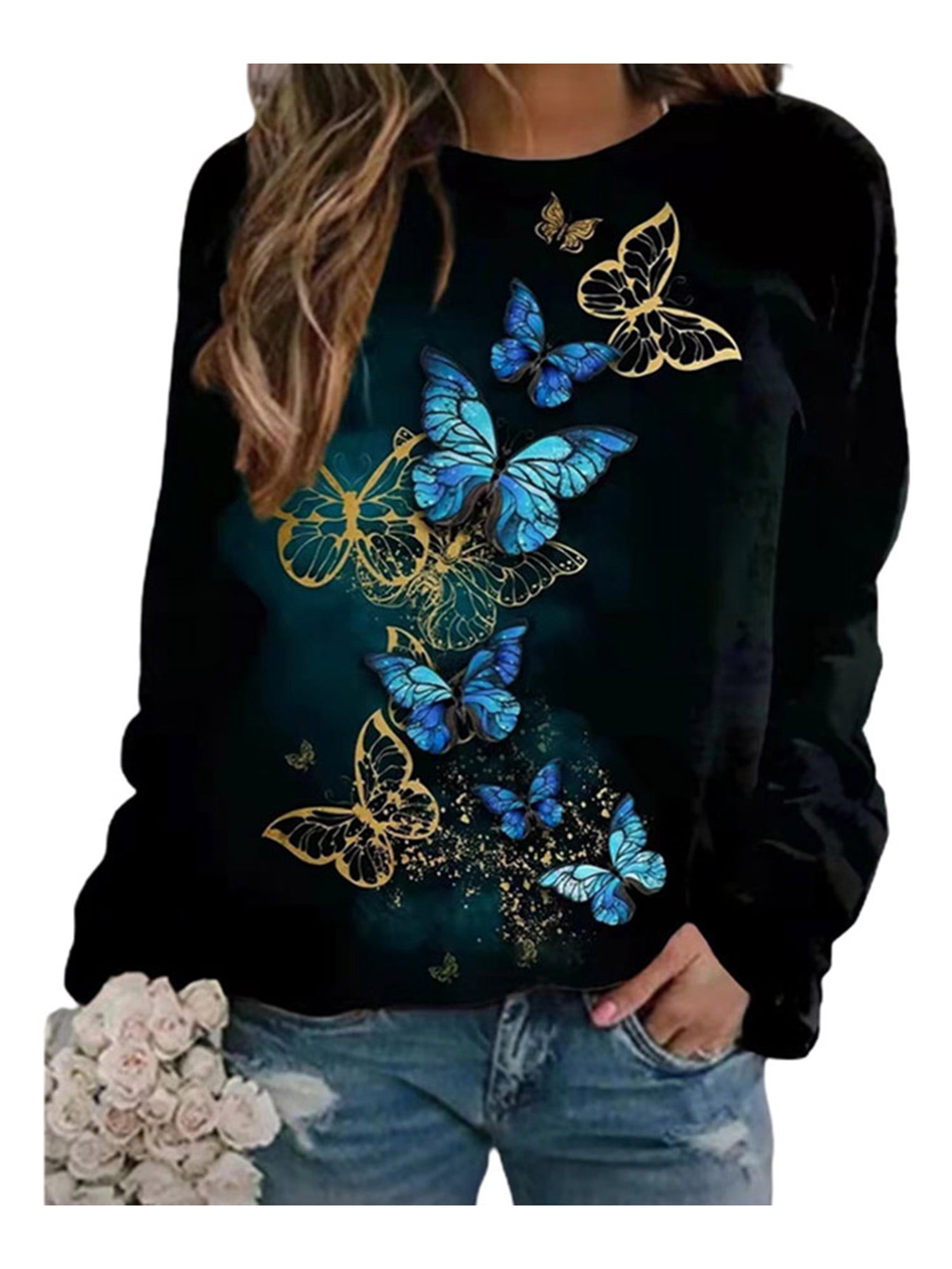 Women's Casual Long Sleeve Crewneck Sweatshirt Butterfly Floral Graphic ...