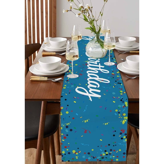 Happy Birthday Words on Blue Table Runner 13x70in Non-Slip Cotton Linen Table Runners, Colorful Ribbon Dresser Scarves TableRunner for Dinner Kitchen Dining Wedding Party