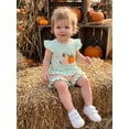 thumbnail image 5 of RUINIXCW Toddler Baby Girl Halloween Outfit Little Baby Girls Summer Fall Clothes Ghost Pumpkin Embroidered Flying Sleeve Ruffled Hem Shirt Tops and Plaid Shorts 2 Piece Set, 5 of 9