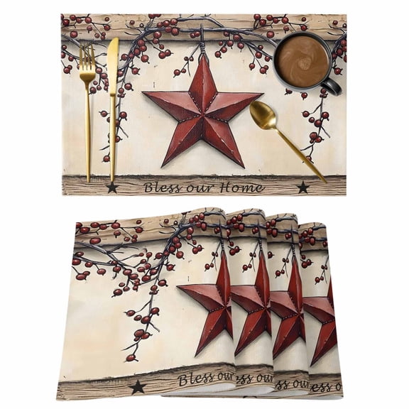Farmhouse American Placemats Set of 8, Country Star Berries Vintage Wood Grain Non-Slip Place Mats Washable Table Mats for Kitchen Dining Table Decorations Indoor/Outdoor