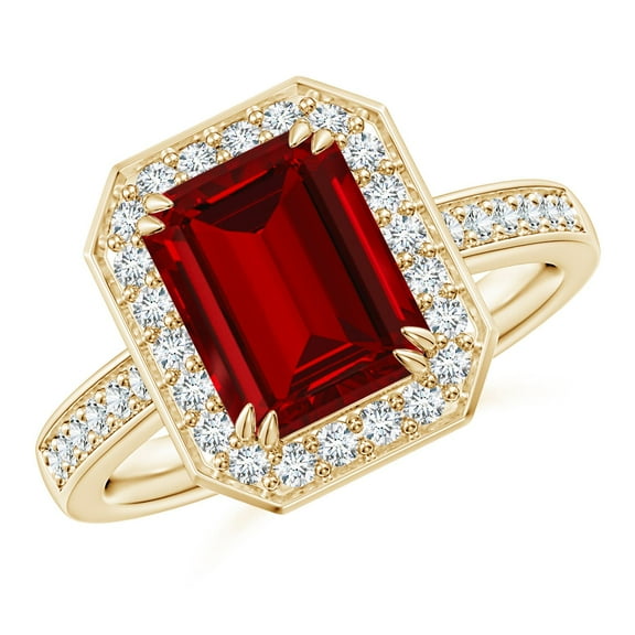 ANGARA Lab Grown 3 Ct Emerald-Cut Ruby Engagement Ring with Lab Diamond Halo for Women in 14K Yellow Gold (Size-9x7mm) | July Birthstone, Anniversary, Jewelry Gift for Women | Lab-Grown Ruby Ring