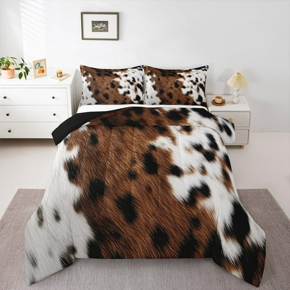 Manfei Cattle Hide Cowhide Bedding Comforter Set,Rustic Farmhouse Cabin Twin Comforter Sets,Brown White Black Bedding Set For Children,Breathable Home Decor Reversible,2 Pieces