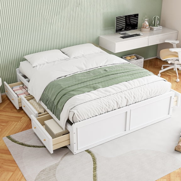 Harper & Bright Designs Queen Platform Beds with 6 Storage Drawers, Rustic Wood Queen Size Platform Bed Frame without Headboard, White