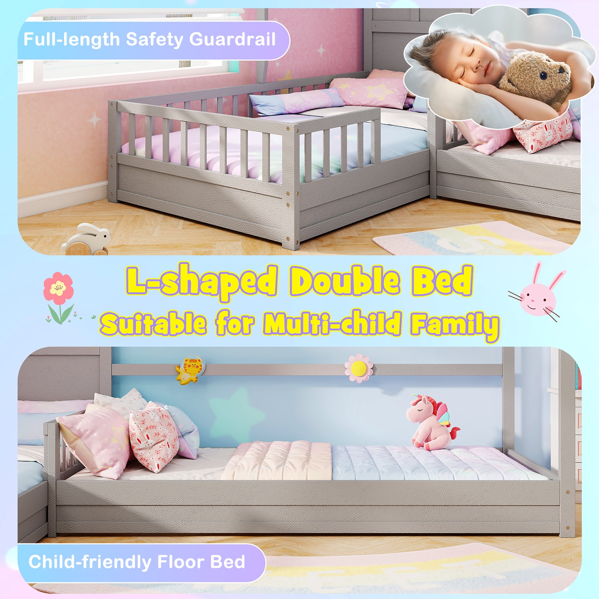 Gymax L-shaped Double Twin Beds House Platform Beds w/ Window & Fences ray Gray