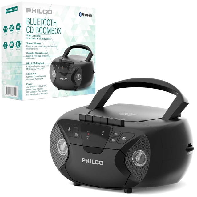 Boombox Bluetooth Philco Negro portátil reproductor de CD y casetes con entrada auxiliar 3.5 mm y al