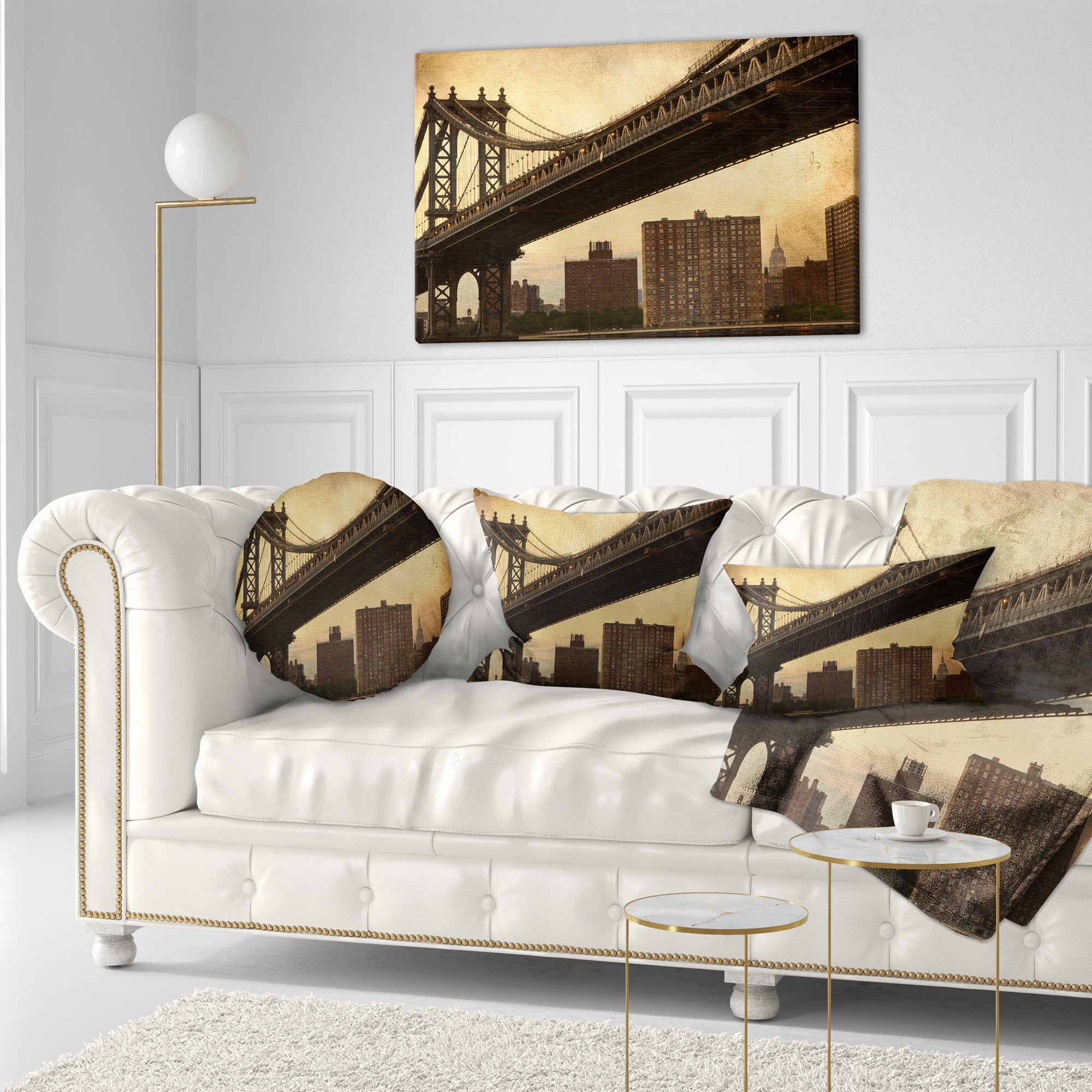 Designart Dark Manhattan Bridge - Photography Throw Pillow - 12x20