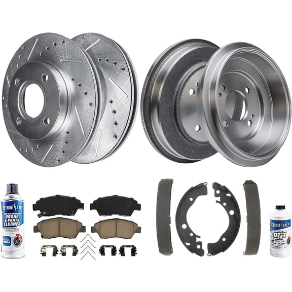 Detroit Axle - Front Drilled Slotted Disc Brake Rotors Ceramic Brake Pads Rear Brake Drums Shoes Kit Replacement for 2009-2013 Honda Fit: 10.32'' inch Front Rotor