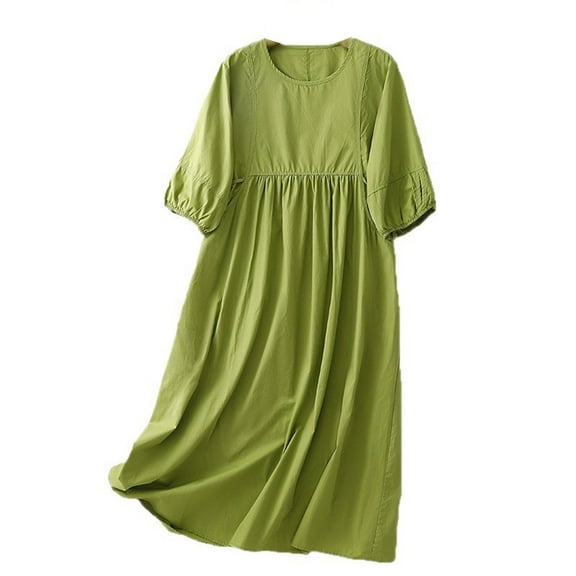 Busydd Womens Fall Dresses Solid Color Short Sleeve Dress for Women Fashion Round Neck Women's Casual Dresses Flowy Cotton Linen Long Dress M