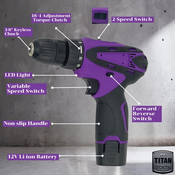 21V Purple Cordless Drill with Battery Fast Charger, 18 1 Torque, 2-Speed, 3 8" Chuck, Impact Function, Lightweight for Household, Garden, DIY, Car Home Use