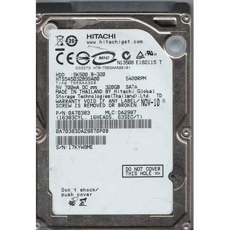 HTS545032B9SA00, PN 0A70383, MLC DA2987, Hitachi 320GB SATA 2.5 Hard Drive