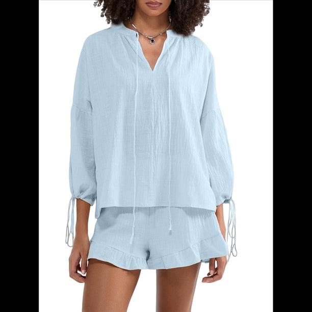 Conjunto de Dos Piezas para Mujer: Top de Larga con Lazo y Bóxer con Volantes Conjunto Informal A Juego Azul XL