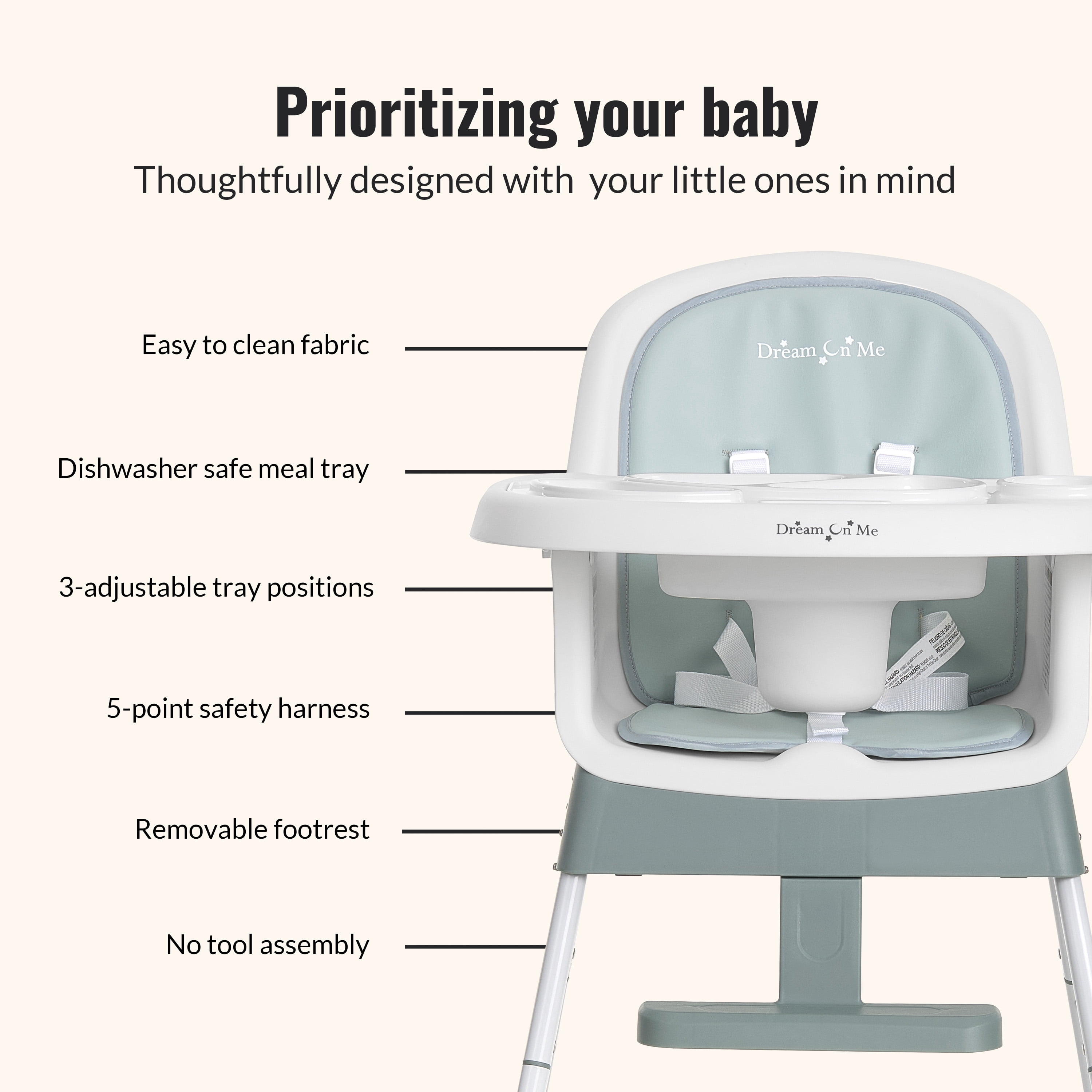 Dream On Me Lightweight & Convertible Curio Sit N Seek High Chair, Mint
