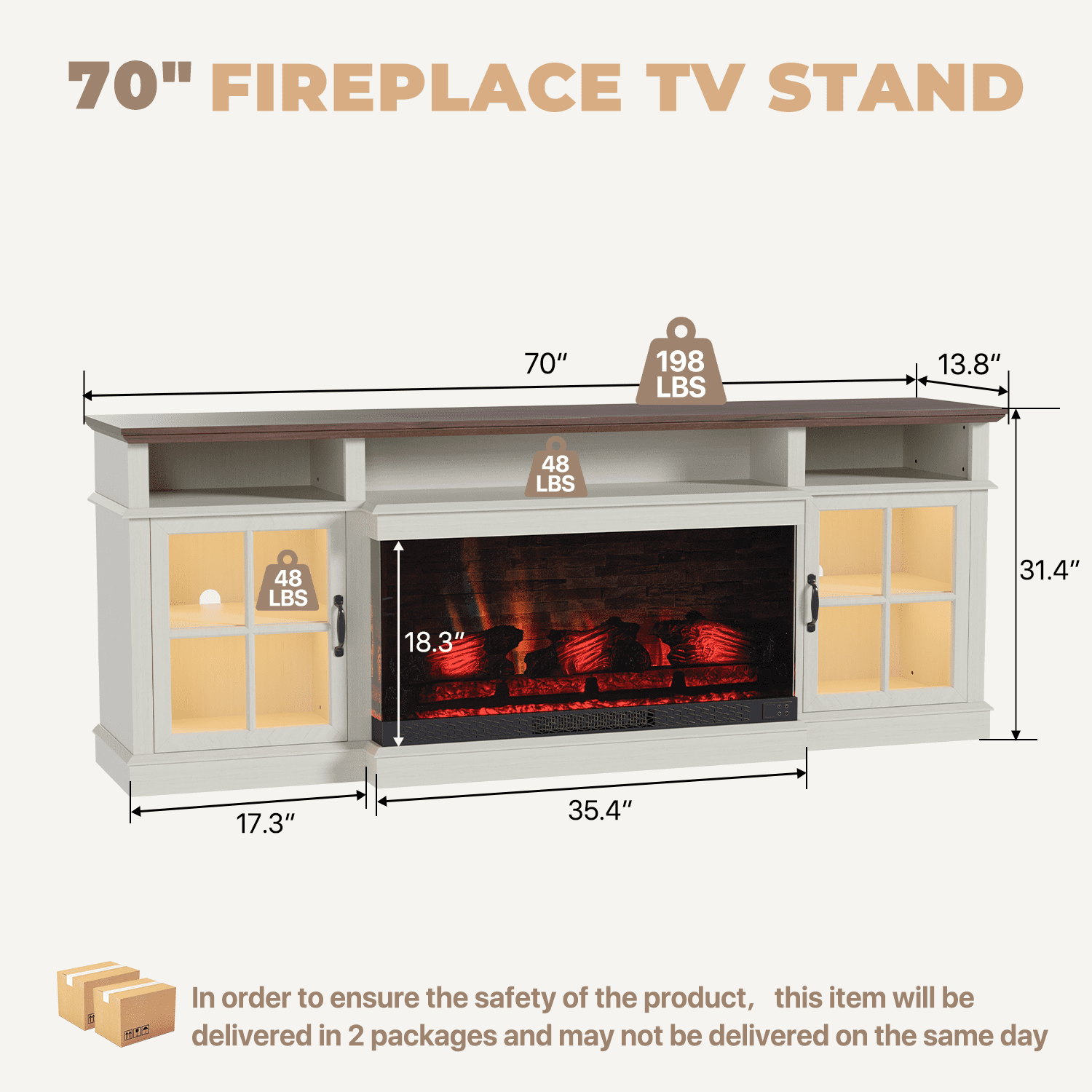 BaPiPro 70" Farmhouse Fireplace TV Stand for TVs Up to 80", Entertainment Center with 3-Sided 36" Electric Fireplace & LED Lights, 2 Drawers & 2 Storage Cabinet, White