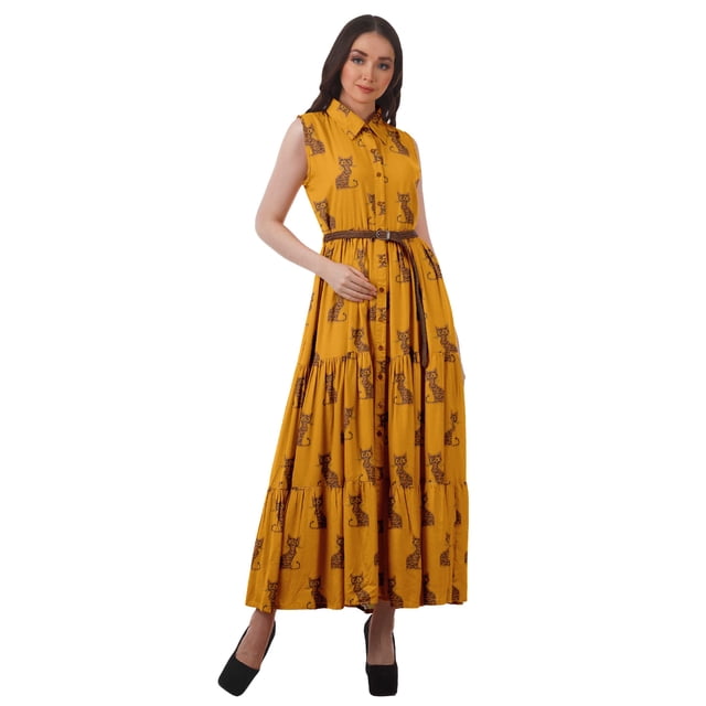 Moomaya Robes Chemises à Col pour Femmes Imprimées en Rayonne à Boutons Robes Maxi pour Femmes