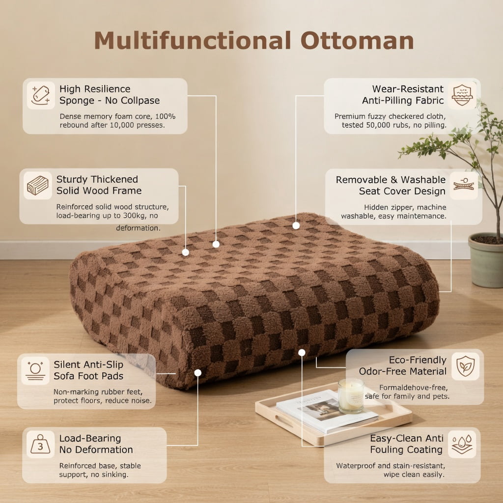 Hommoo Teddy Velvet Bean Bag Chair Set with Ottoman, High-Rebound Foam, Machine-Washable Cover, Non-Slip Base, No Assembly Needed, Brown
