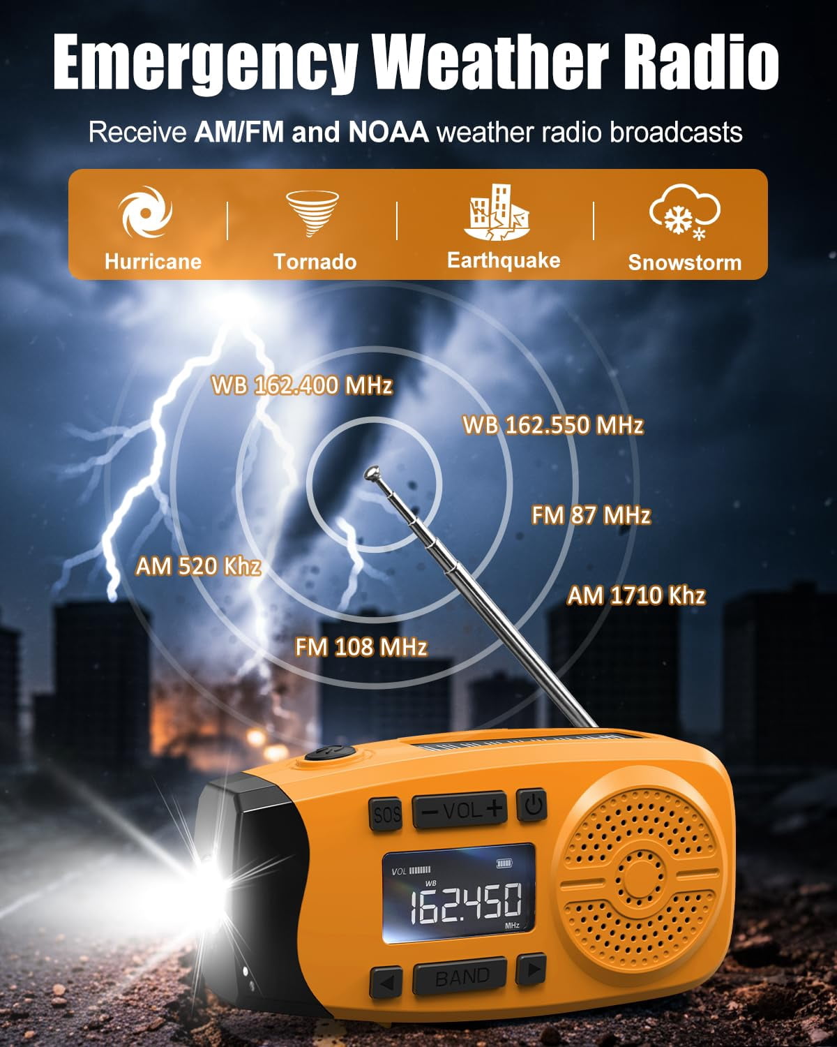 Emergency Weather Radio  7400mwh Hand Crank With Lcd Display Support Alert Usb/solar/hand 1w Flashlight&sos Alarm For Outdoor&home (orange)