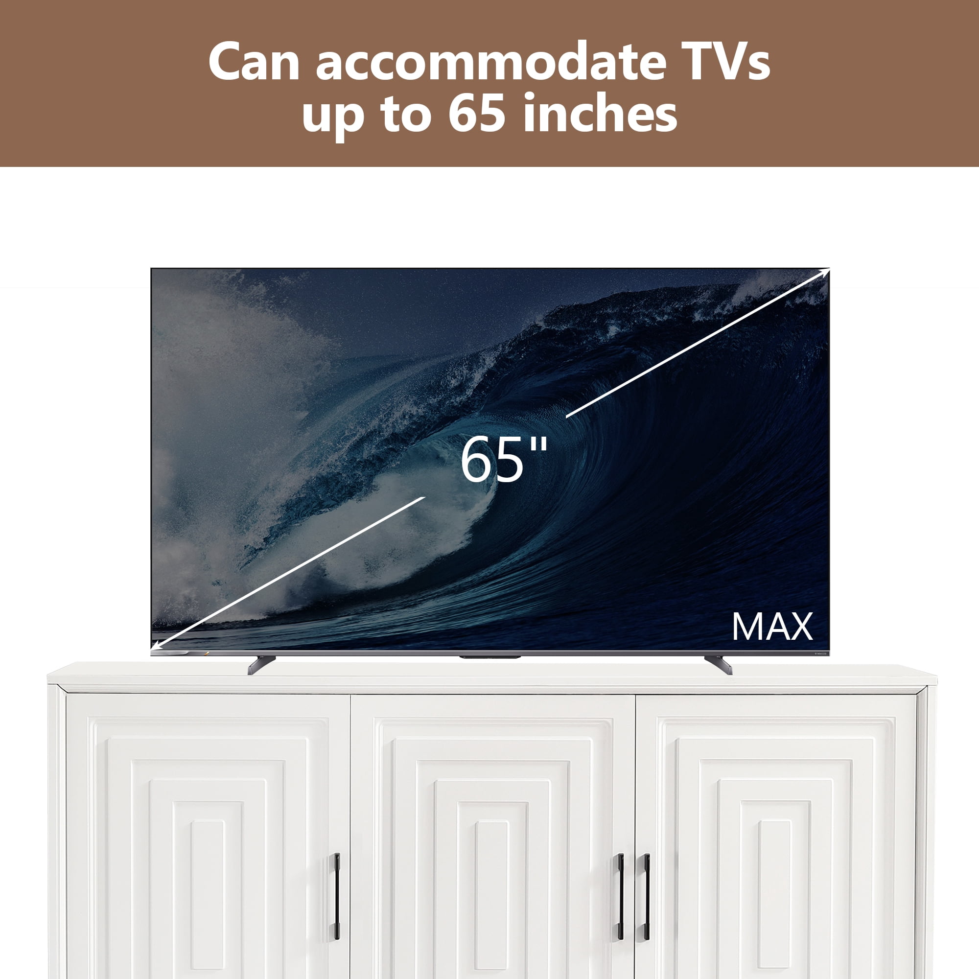 TV Stand for TVs up to 65 Inch with Geometric Doors and Adjustable Shelves, Media Console and Entertainment Center with Solid Wood Legs, White