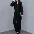 thumbnail image 6 of 2 Pcs/Set OL Commuting Outfit Shirt Pants Set Pure Color V Neck Long Sleeve Blouse High Waist Wide Leg Trousers Business Office Clothes, 6 of 8