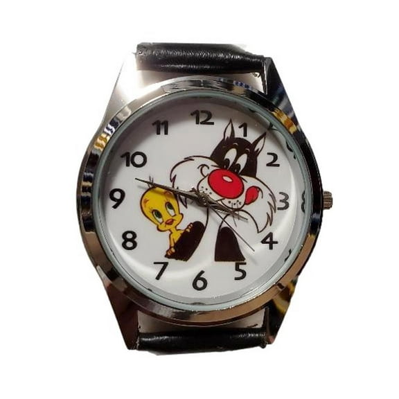 Tweety Bird And Sylvester Cartoon Characters Black Leather Band Wrist Watch
