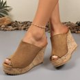 thumbnail image 3 of Rokment Peep Toe Platform Wedge Slides Sandals for Women Ladies Fashion Casual Suede Chunky High Heels Dress Slip on Cork Footbed Summer Shoes Brown Size 9, 3 of 8