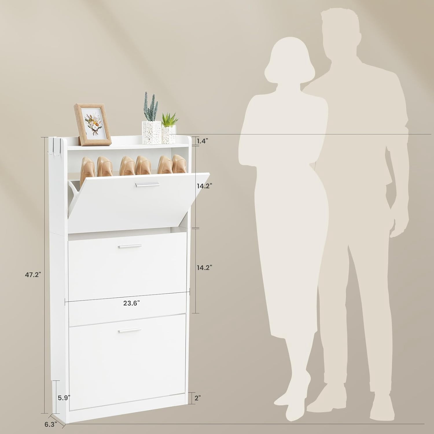 Shoe Cabinet Organizer with 3 Flip Drawers，Freestanding Shoe Rack Cabinet，Narrow Shoe Cabinet Storage for entryway，Foyer, Hallway, White, 23.6" W × 6.3" D × 47.2" H