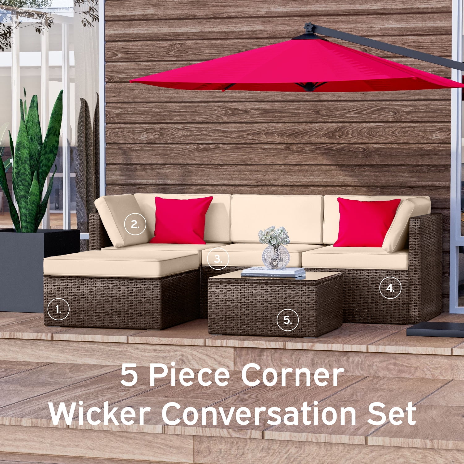 Hearth & Harbor 5-Piece Outdoor Furniture Sets, Wicker Sectional Patio Set, Brown/Beige