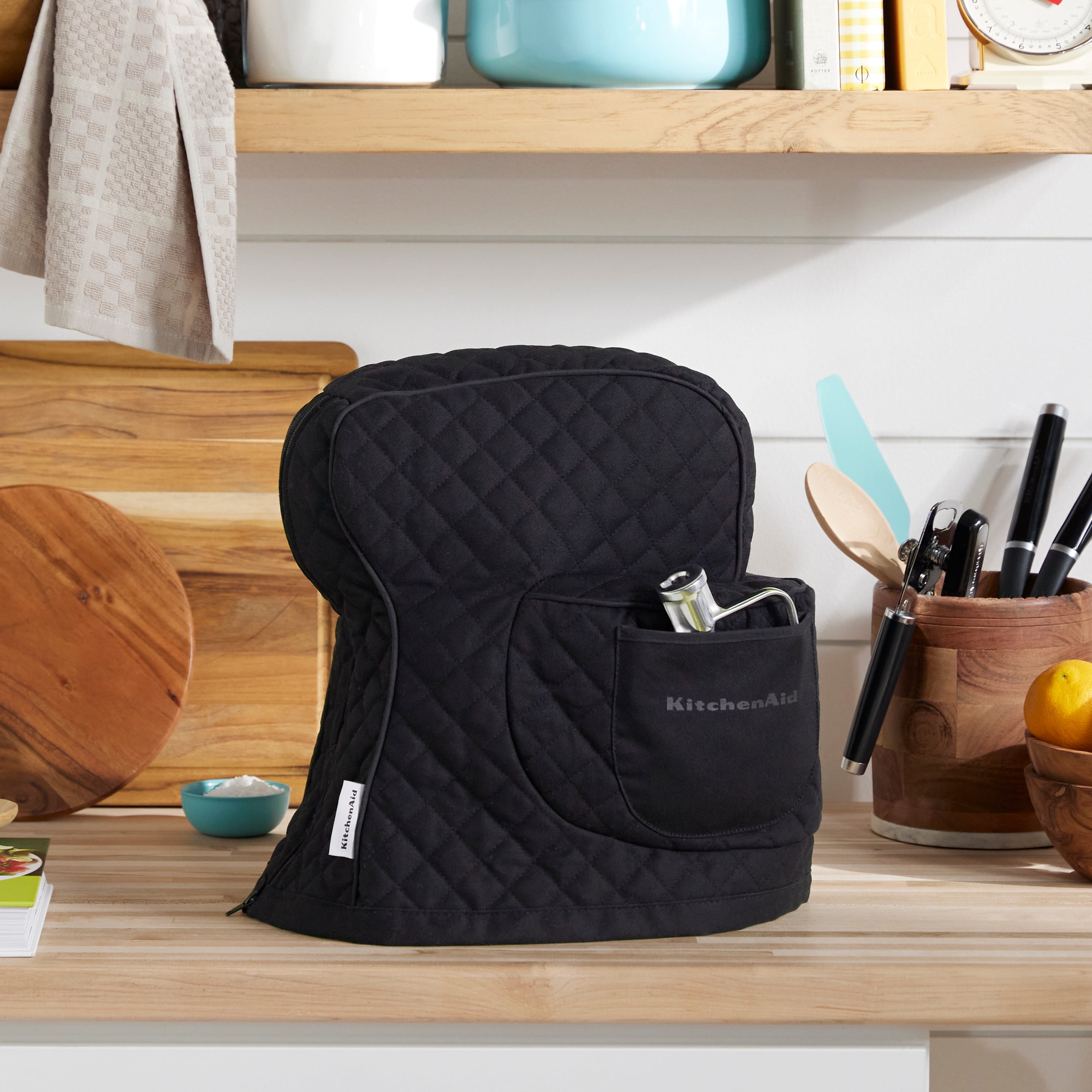 KITCHENAID Fitted Tilt-Head Solid Stand Mixer Cover with Storage Pocket, Quilted 100% Cotton, Matte Black, 14.4"x18"x10"
