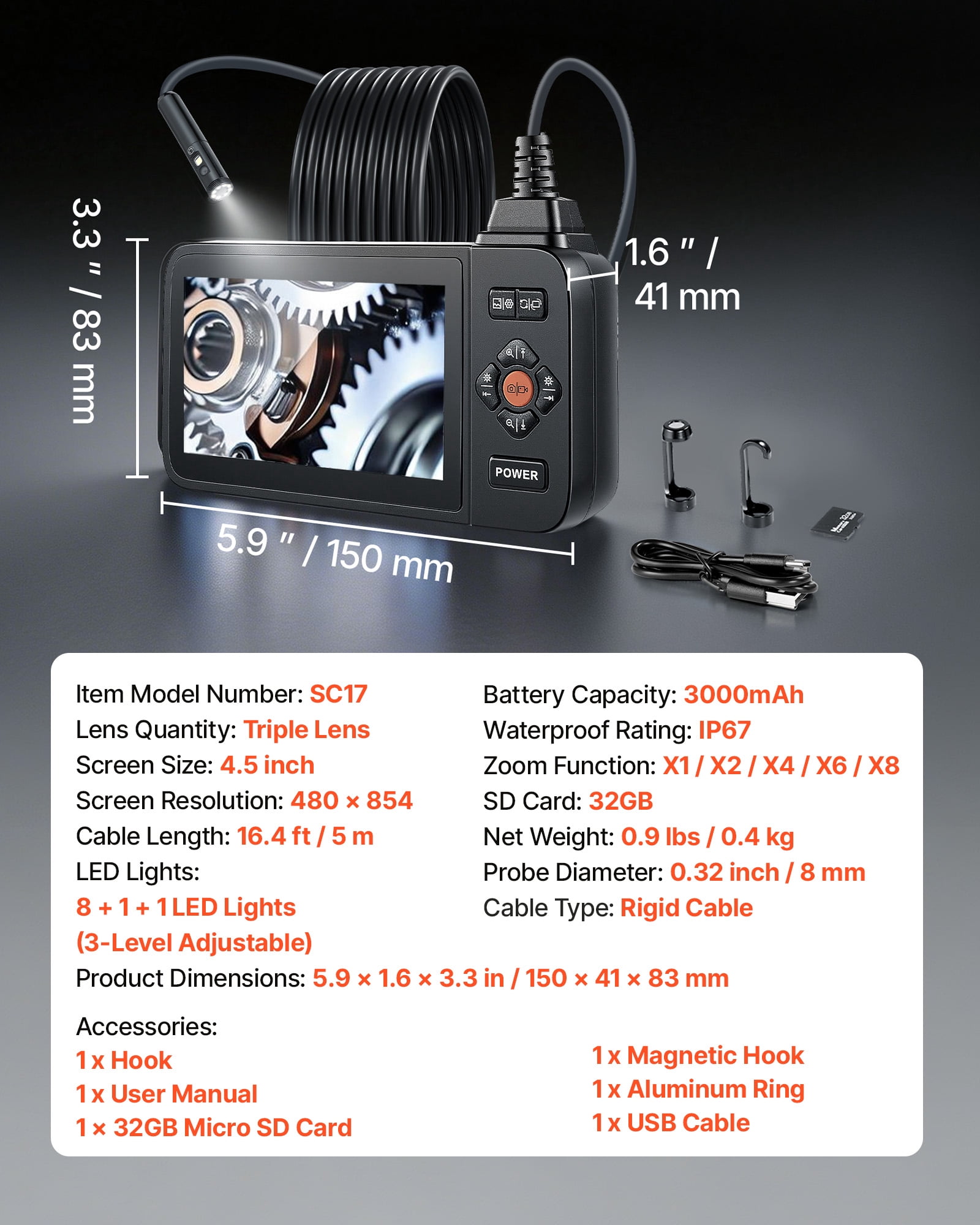VEVOR Triple Lens Endoscope with Light, 4.5" HD IPS Screen Industrial Borescope Camera, 8 + 2 Lights, 8X Zoom, IP67 Waterproof Inspection Snake Camera for Automotive, Plumbing (16.4FT Rigid Cable)