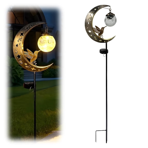 Hummingbird Moon Solar Garden Stake Light, Outdoor Solar Garden Decor with Glass Globe, Waterproof LED Metal Pathway Stake Light for Yard, Lawn, Patio and Garden
