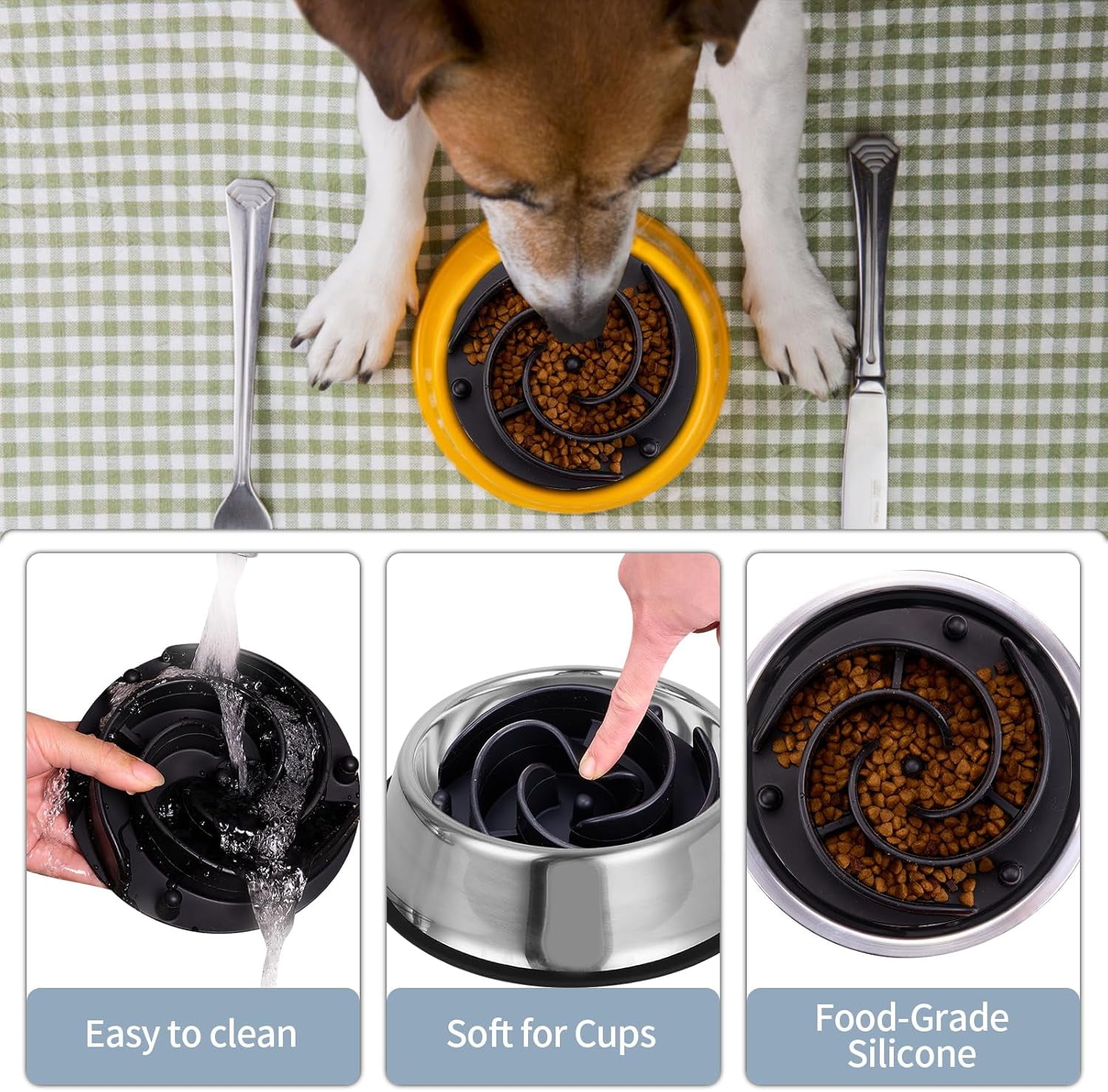 Slow Feeder Dog Bowls Insert,  Soft Silicone Slow Eating Feeder Insert with Suction Cups for Small, Medium and Large Dogs, Fit into Basic and Elevated Dog Bowls, Black Black,XL