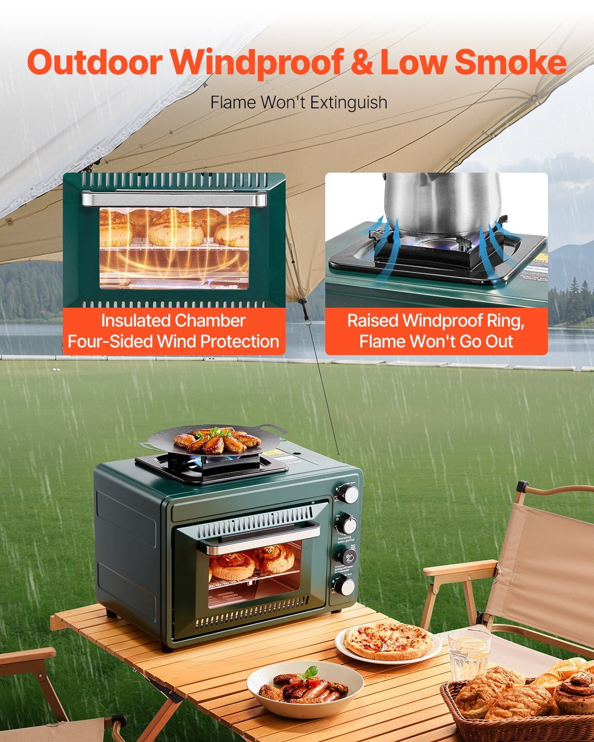 2 in 1 Portable Outdoor Gas Camping Stove Oven Combo Adjustable Fire Windproof 60 Minute Timer with Grill Shelf Roasting Tray for Backyard Picnic Camping Gear