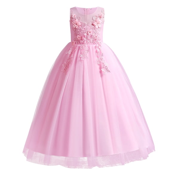 IDOPIP Little Big Girl Flower Tulle Bridesmaid Dress Princess Pageant Birthday Party Wedding Formal Floor Long Dance Evening Vintage Lace Maxi Gown 13-14 Years Pink